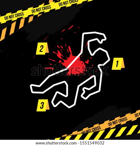 Crime scene vector illustration. Сhalk outline of the body and bloodstain.
