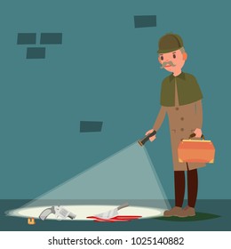 Crime Scene Vector. Snoop, Shamus, Spotter. Flat Cartoon Illustration