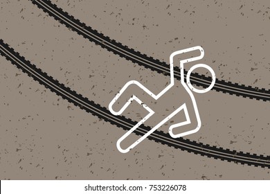 Crime Scene - Victim And Tracks Made By Tires - Pedestrian Was Hit And Killed By Running Car And Car. Death On The Road And Street Because Of Accident, Crash Or Terrorist Attack. Vector Illustration