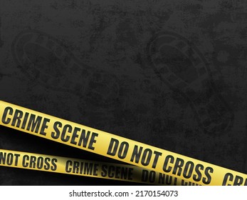 Crime scene. Yellow police barricade tape on a dark background with a footprint. vector illustration with place for text svg