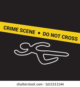 crime scene with yellow ribbon and chalk body outline isolated. murder vector & text do not cross sign. warning or caution area. criminal death & one victim on the street flat design illustration art