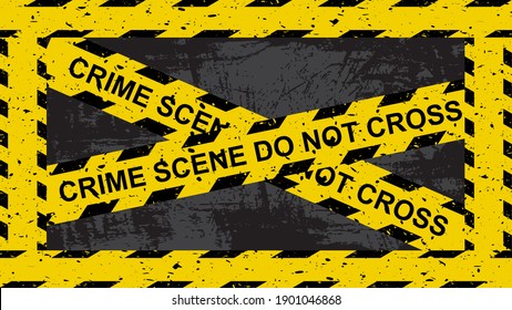 Crime scene yellow tape. Crossed lines with sign 'do not cross' on grunge dark background. Restricted area symbol. Criminal wallpaper for forensic science design.