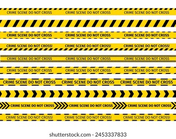 Crime scene yellow tape. Do not cross ribbon. Police warning barrier tapes for criminal accident places. Set of caution crime scene bands. Vector illustration. Seamless striped boundary lines