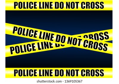 Crime scene yellow tape, police line Do Not Cross tape. Cartoon flat-style. Vector illustration. Black background