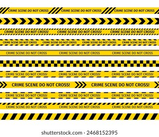 Crime scene yellow tape. Set of caution crime scene bands. Seamless striped boundary lines. Do not cross ribbon. Police warning barrier tapes for criminal accident places. Vector illustration.