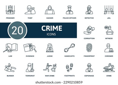 Verbrechensbekämpfung. Kreative Symbole: Gefangener, Dieb, Hacker, Polizeibeamter, Detektiv, Gefängnis, Korruption, Zeuge, Recht, Beweise, Richter, Handschellen, Fingerabdruck, Koroner, Mord, Terrorist, Kriegsverbrechen