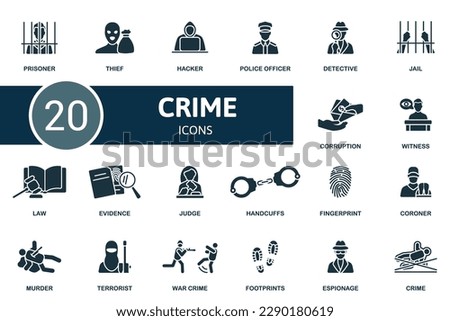 Crime set. Creative icons: prisoner, thief, hacker, police officer, detective, jail, corruption, witness, law, evidence, judge, handcuffs, fingerprint, coroner, murder, terrorist, war crime