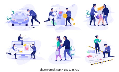 Crime set. Criminal attack woman, damage ATM and break car. Idea of arrest and protection. Danger for property and life. Isolated flat illustration vector