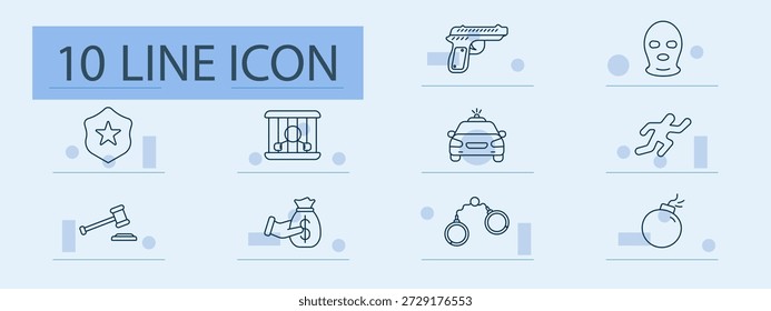 Icono de conjunto de crímenes. Insignia, celda, pistola, máscara, coche patrulla, criminal, mazo, dinero en efectivo, esposas, explosivo. Justicia, robo, arresto, prisión, arma, escape, ley, peligro, investigación.