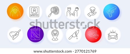 Crime set icon. Criminal, wanted, fingerprint, police, evidence, skull, weapon, knife, robbery, investigation, danger, security, law, offense, justice, arrest.
