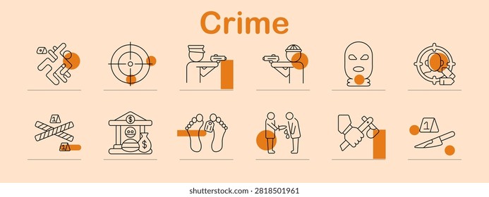 Crime set icon. Crossed weapons, precision target, armed officer, masked criminal, forensic investigation, barricade warning, financial robbery, victim identification, unlawful arrest, violent assault
