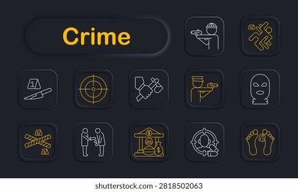 Crime set icon. Evidence marker, sniper target, handcuffs arrest, armed officer, masked burglar, caution barrier, robbery incident, hostage situation, illegal trade, suspect identification, forensic investigation