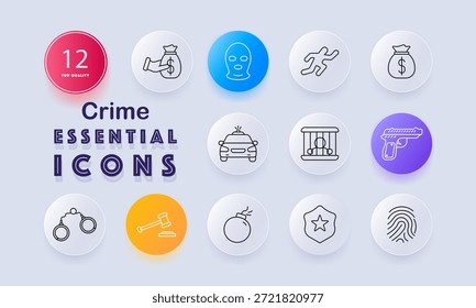 Icono de conjunto de delitos. Ladrón enmascarado, figura corriente, bolsa de dinero, coche de policía, cárcel, pistola, esposas, mazo, bomba, insignia, huella digital, imágenes de robo