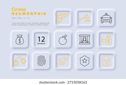 Icono de conjunto de delitos. Los iconos delineados delgados muestran armas, coches de policía, cárcel, mazo, bolsa de dinero, bomba, esposas, huellas dactilares, insignia, máscara de ladrón, rastro criminal y figura de escape.