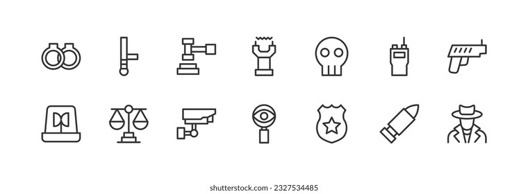 crime set of simple line icons. Collection of web icons for UIUX design. Editable vector stroke 24x24 Pixel Perfect