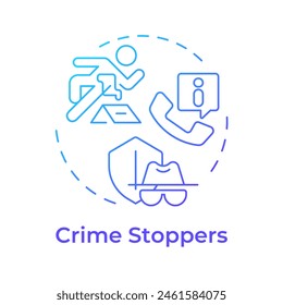 Crime stoppers blue gradient concept icon. Public safety organization. Incident prevention. Round shape line illustration. Abstract idea. Graphic design. Easy to use in infographic, presentation