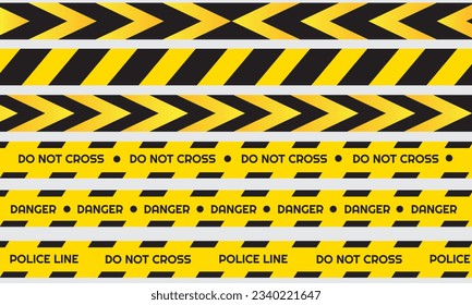 Crime stripe tape. Police danger caution yellow barrier vector. Not cross security lines.