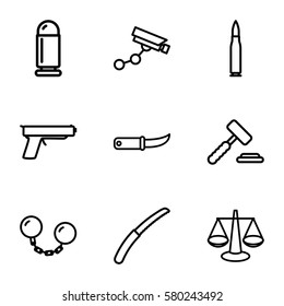 crime vector icons. Set of 9 crime outline icons such as Security camera, gardening knife, ball chain, bullet, gun, auction hummer