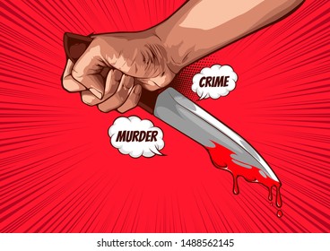Crime vector illustration, horror comic, halloween cover template, Hand holding a knife on red background, speech bubbles, doodle art, Vector illustration,