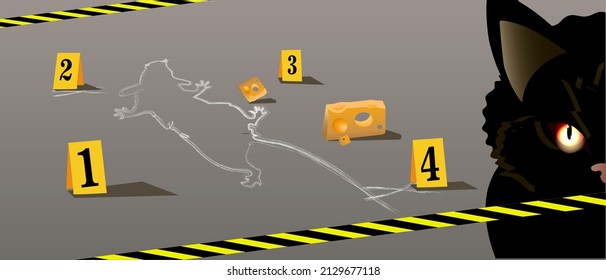 Crime Zone. Abstract illustration with police signs and the outline of a mouse and a cat's face. Abstraction with meaning
