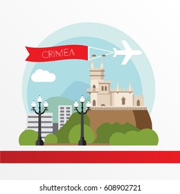 Crimea detailed silhouette. Trendy stylish colorful landmarks. The concept for a web banner. The castle Swallow's Nest near Yalta