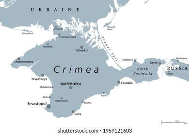 Crimea gray political map. Peninsula in Eastern Europe on northern coast of the Black Sea with disputed status. Controlled and governed by Russia, internationally recognized as part of Ukraine. Vector