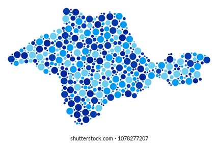 Crimea Map mosaic of spheric dots in variable sizes and blue shades. Scattered circle elements are arranged into Crimea Map mosaic. Vector geography blue map design concept.