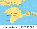 Crimea political map. Peninsula in Eastern Europe on the northern coast of the Black Sea, with disputed status. Controlled and governed by Russia, internationally recognized as part of Ukraine. Vector