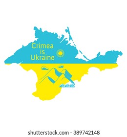 Crimea is Ukraine. Map of the Crimean peninsula with the flag of Ukraine on it. Vector illustration map with mountains, sun and sea waves