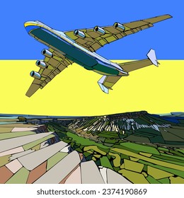Crimea, Ukraine. View in Crimea city with plane in the sky. Ukrainian architecture, cargy aircraft, vector graphic, illustration create by artist.