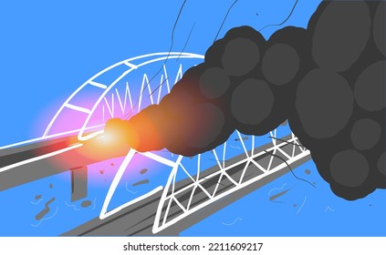 Crimean bridge after destruction with smoke on a blue background. Stock vector illustration of destroyed infrastructure.