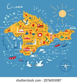 Crimean peninsula vector cartoon map, Republic of Crimea, colorful illustration adventure, decorative travel card, animal and buildings sign attraction for design touristic poster, sea background trip