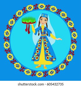 Crimean Tatar Girl In Folk Costume Holding Sabzeh (symbols Of Nowruz) In Ornamental Circle