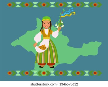 Crimean Tatar girl on the background of the silhouette of the Crimea wishes a Happy New Year, during the spring equinox, called Nowruz or Navruz