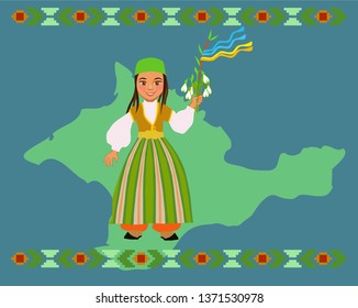 Crimean Tatar girl on the background of the silhouette of the Crimea wishes a Happy New Year, during the spring equinox, called Nowruz or Navruz