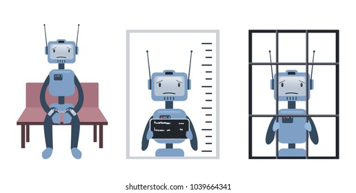 The crimes committed by the robot, and artificial intelligence. Robot on trial and behind bars. Concept, vector illustration, isolated on white.