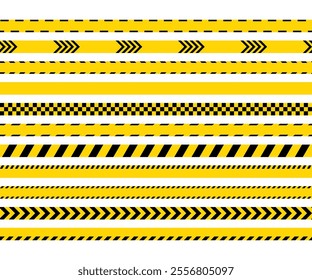 Criminal accident place. Warning ribbons. Yellow seamless striped tapes on white background. Do not enter police barrier tapes for crime scenes. Set of caution bands Vector illustration