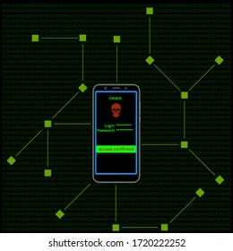 Actividad criminal en el ciberespacio. Hackeando un programa de virus teléfonos, PCs, laptops, tabletas alrededor del planeta. Ilustración de la tasa de criminalidad de Vectron.