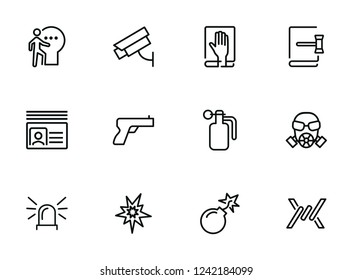 Criminal activity line icon set. Set of line icons on white background. Law concept. Handgun, camera, identification. Vector illustration can be used for topics like justice, law, civil regulation