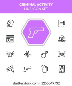 Criminal activity line icon set. Set of line icons on white background. Law concept. Handgun, camera, identification. Vector illustration can be used for topics like justice, law, civil regulation