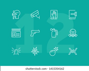 Criminal activity line icon set. Set of line icons on white background. Law concept. Handgun, camera, identification. Vector illustration can be used for topics like justice, law, civil regulation