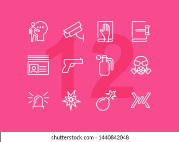 Criminal activity line icon set. Set of line icons on white background. Law concept. Handgun, camera, identification. Vector illustration can be used for topics like justice, law, civil regulation