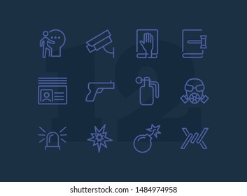 Criminal activity line icon set. Set of line icons on white background. Law concept. Handgun, camera, identification. Vector illustration can be used for topics like justice, law, civil regulation