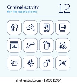 Criminal activity line icon set. Set of line icons on white background. Law concept. Handgun, camera, identification. Vector illustration can be used for topics like justice, law, civil regulation