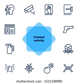 Criminal activity line icon set. Set of line icons on white background. Law concept. Handgun, camera, identification. Vector illustration can be used for topics like justice, law, civil regulation