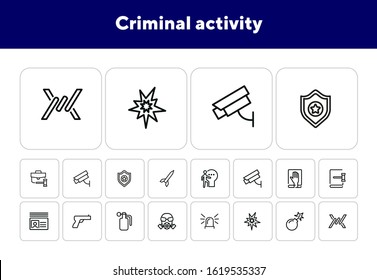 Criminal activity line icon set. Set of line icons on white background. Law concept. Handgun, camera, identification. Vector illustration can be used for topics like justice, law, civil regulation
