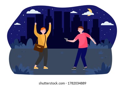 Ataque armado criminal. Robo callejero amenazando a un hombre con una pistola de ilustración vectorial plana. Robo, violencia, concepto de gángsters para banner, diseño de sitios web o página web de aterrizaje