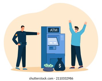 Criminal attack on ATM bank machine by theft stealing cash money. Male police officer protecting bankomat from robbery flat vector illustration. Financial crime, burglary threat, abduction concept