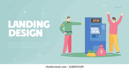 Criminal attack on ATM bank machine by theft stealing cash money. Male police officer protecting bankomat from robbery flat vector illustration. Financial crime, burglary threat, abduction concept