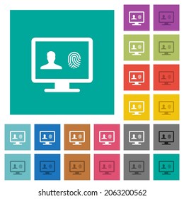Criminal background check multi colored flat icons on plain square backgrounds. Included white and darker icon variations for hover or active effects.